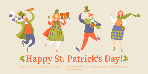 Saint Patrick’s Day vector greeting banner with happy people holding bottles and beer mugs