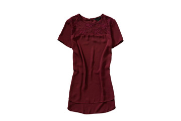 Burgundy blouse flat lay. Fashionable concept. Isolate on white background.