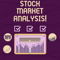 Fototapeta premium Conceptual hand writing showing Stock Market Analysis. Business photo showcasing Enables investors to know the worth before investing Digital Combination of Column Data Graphic Chart on Tablet