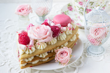 A piece of cake with flowers. Romantic Valentine's Day breakfast.