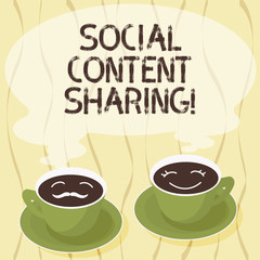Handwriting text Social Content Sharing. Concept meaning spreading of webpage and blog content in social media Sets of Cup Saucer for His and Hers Coffee Face icon with Blank Steam