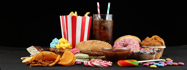 Unhealthy products. food bad for figure, skin, heart and teeth.