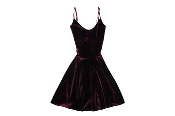 Velvet burgundy dress flat lay. Fashion concept. Isolate on white background.