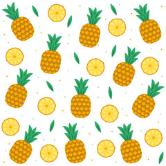 Pineapple vector background. Summer colorful tropical textile print. Pineapple slices, pineapples, leaves on white background. Vector illustration EPS10.