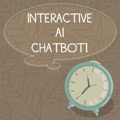 Writing note showing Interactive Ai Chatbot. Business photo showcasing computer program that simulates huanalysis conversation Blank Color Thought Speech Bubble with Outline and Alarm Clock photo
