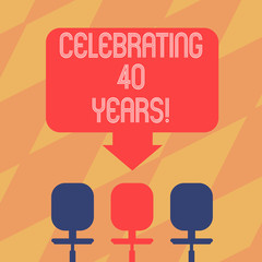 Text sign showing Celebrating 40 Years. Conceptual photo Honoring Ruby Jubilee Commemorating a special day Blank Space Color Arrow Pointing to One of the Three Swivel Chairs photo