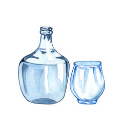 Watercolor glass bottle isolated on white. Transparent color glass bottle.