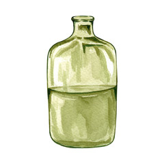 Watercolor glass bottle isolated on white. Transparent color glass bottle.