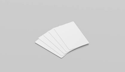 Blank white five playing cards face mockup, isolated, side view, 3d rendering. Empty paper taro mock up. Clear display for trump suit. Success and fortune in gaming template.