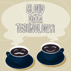 Conceptual hand writing showing Cloud Data Technology. Business photo showcasing Save and access data and programs over the Internet Cup Saucer for His and Hers Coffee Face icon with Steam