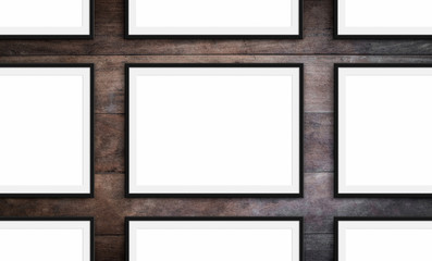 set of frames on wood background - blank picture frames mock-up