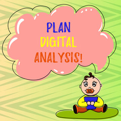 Conceptual hand writing showing Plan Digital Analysis. Business photo showcasing Analysis of qualitative and quantitative digital data Baby Sitting on Rug Pacifier Book and Cloud Speech Bubble