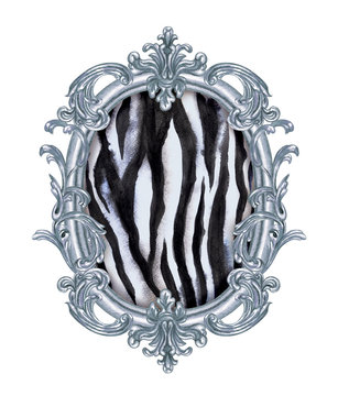 Zebra skin in a silver baroque frame, watercolor painting on a white background isolated with clipping path. Animal print, print for fabric, background for different designs, retro style.