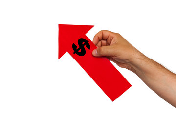 A hand is holding a red arrow that appears upwards. The arrow has a dollar sign.