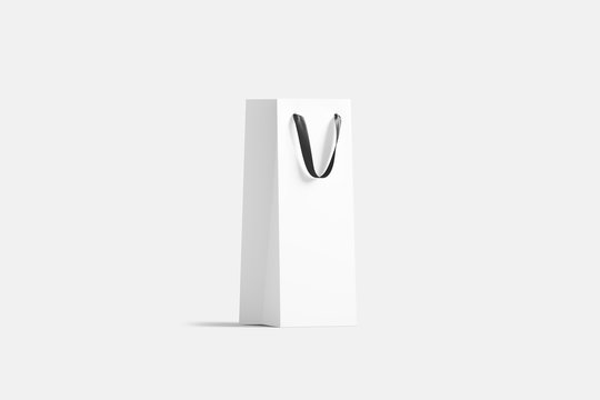 Blank Tall White Wine Bottle Bag With Silk Handle Mockup, Isolated, 3d Rendering. Empty Beautiful Package Mock Up. Clear Narrow Craft Handbag For Beverage Template.