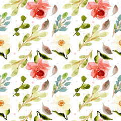 white pink green floral watercolor seamless pattern