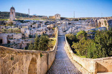 Gravina in Puglia, with the Roman two-level bridge that extends over the canyon. Apulia, Italy.