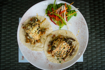 marinated beef taco with Texan BBQ mayo or Mexican jerk chicken taco with chipotle chilli lime and...