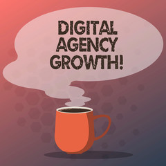Text sign showing Digital Agency Growth. Conceptual photo Progress of graphic design and copywriting business Mug photo Cup of Hot Coffee with Blank Color Speech Bubble as Steam icon