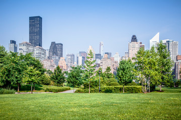 Beautiful Roosevelt Island park with Manhattan, New York City in background during sunny summer day