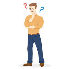 The man is thinking over the question. Solution to the problem. Mustache man in thought. Isolated vector illustration