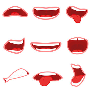 Cartoon mouth with tongue and teeth. Set of isolated objects. Expression mouths. Vector illustration