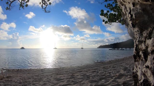 Time lapse Sunsetof Bora Bora Beach, French Polynesia. Swimming with sharks, manta rays and tropical fish. The Brando Resort in Tetiaroa. Monte Otemanu