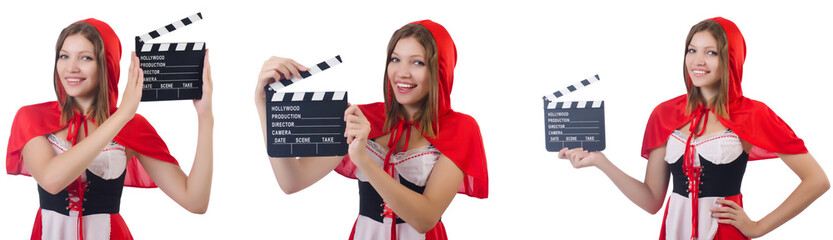 Young woman waiter with movie board isolated on white 