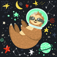 Smiling cute baby sloth astronaut flying in the open space among stars, moon and planet. Adorable animal illustration in the childish style. Vector hand drawn cartoon funny sloth in a helmet. © Dasha D