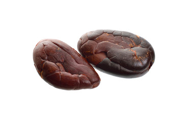 Roasted cocoa beans isolated on white background. Full dept of field