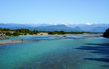 View from the bed of the Kodor river to the mountain peaks of the great Caucasus mountain range...