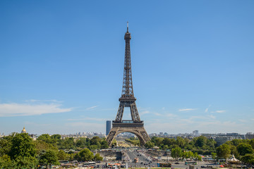 10/08/2018 Eiffel Tower, Paris. Panoramic View over the Tour Eiffel from Trocadero square (Place du Trocadero) full of people. Paris, France