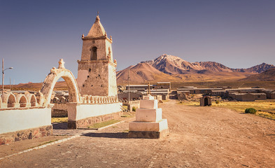 Street of the commune of Colchane, in the Tarapaca region, in the background Cerro Carabaya, Chile