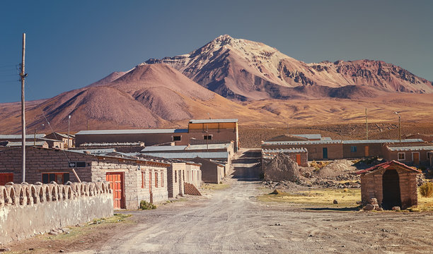 Street of the commune of Colchane, in the Tarapaca region, in the background Cerro Carabaya, Chile