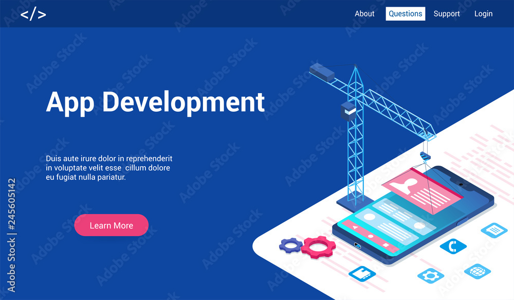 Poster isometric landing page template for application development. vector illustration mock-up for website