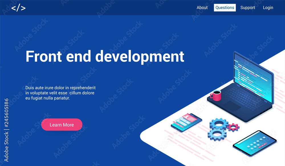 Poster isometric landing page template for front end development. vector illustration mock-up for website a