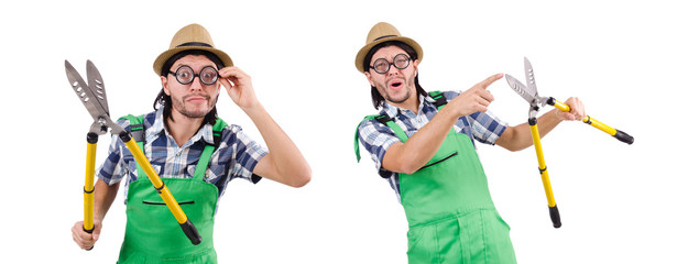 Funny gardener with shears isolated on white