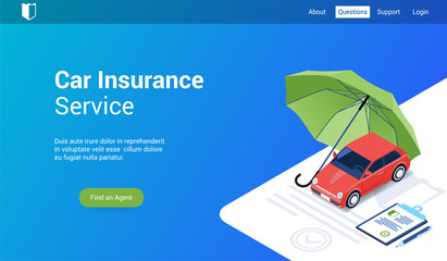 Isometric landing page template for car insurance. Vector illustration mock-up for website and mobile website