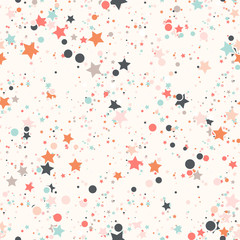Abstract seamless pattern with colorful chaotic small circles and stars on beige. Infinity geometric pattern. Vector illustration.     