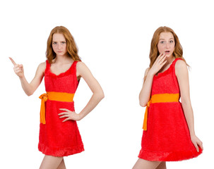 Pretty young girl in red dress isolated on white