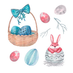 set with Easter basket and eggs