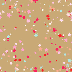 Abstract seamless pattern with colorful chaotic small circles and stars on gold. Infinity geometric pattern. Vector illustration.     