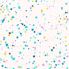 Abstract seamless pattern with colorful chaotic small circles and stars on beige. Infinity geometric pattern. Vector illustration.     