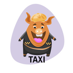 Pig in a cap taxi driver. Pig on the background of the city. Vector illustration