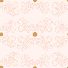 Floral damask ornament on beige background. Bright seamless pattern with flowers, curls, leaves. Vector illustration. 