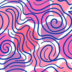 Geometrical background with uneven circles, curly lines. Abstract round seamless pattern. Hand drawn colorful dots pattern background. Vector illustration. 
