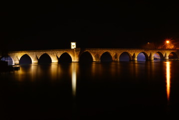 Fototapeta na wymiar View of the famous bridge in Visegrad (Bosnia and Herzegovina) at night.
