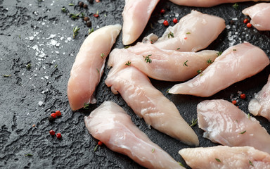 Raw chicken breast mini fillets in rastic cast iron skillet, frying pan with herbs and sea salt