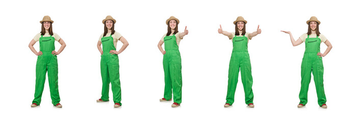 Woman in green uniform isolated on white