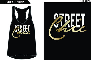 T-shirt graphic,slogan tee with gold foil and on vest top.